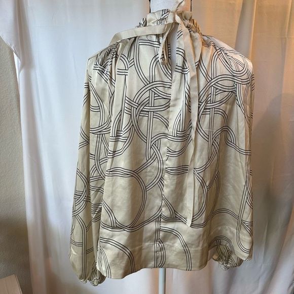 H&M Women Blouse Small Beige Geometric Long Sleeve High Career Top New Oversize - Picture 2 of 7